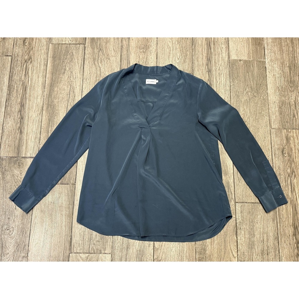 R Label Shirt Womens Medium Blue Long Sleeve V Neck Blouse Top Polyester